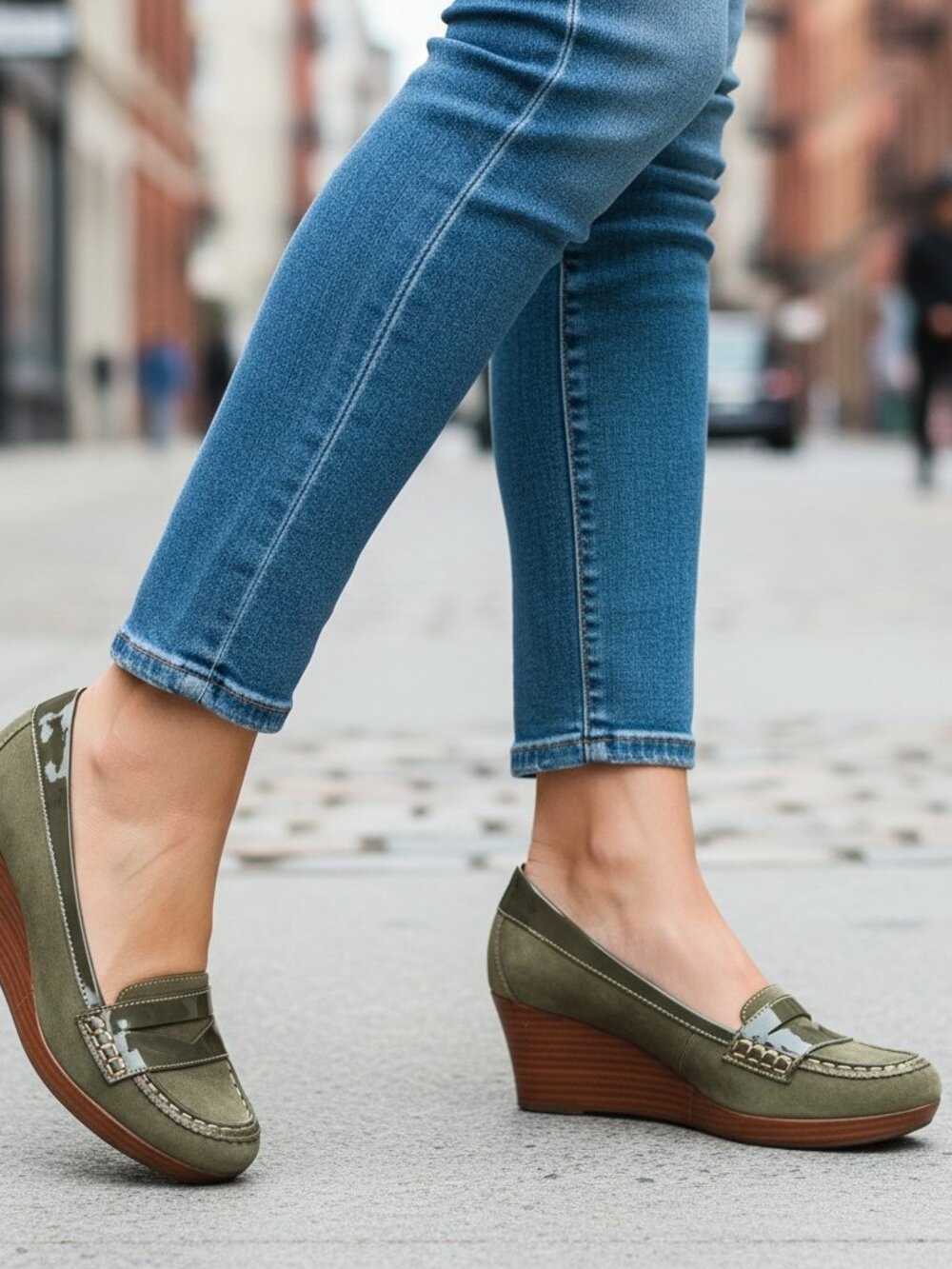 L.L. Bean Green Suede and Patent Leather Wedge Penny Loafers
